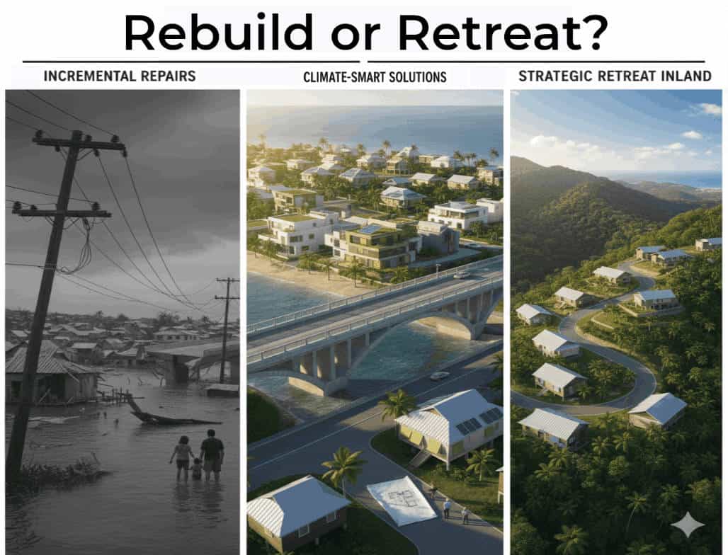 Visual comparison of damaged coastal infrastructure versus resilient coastal and inland housing